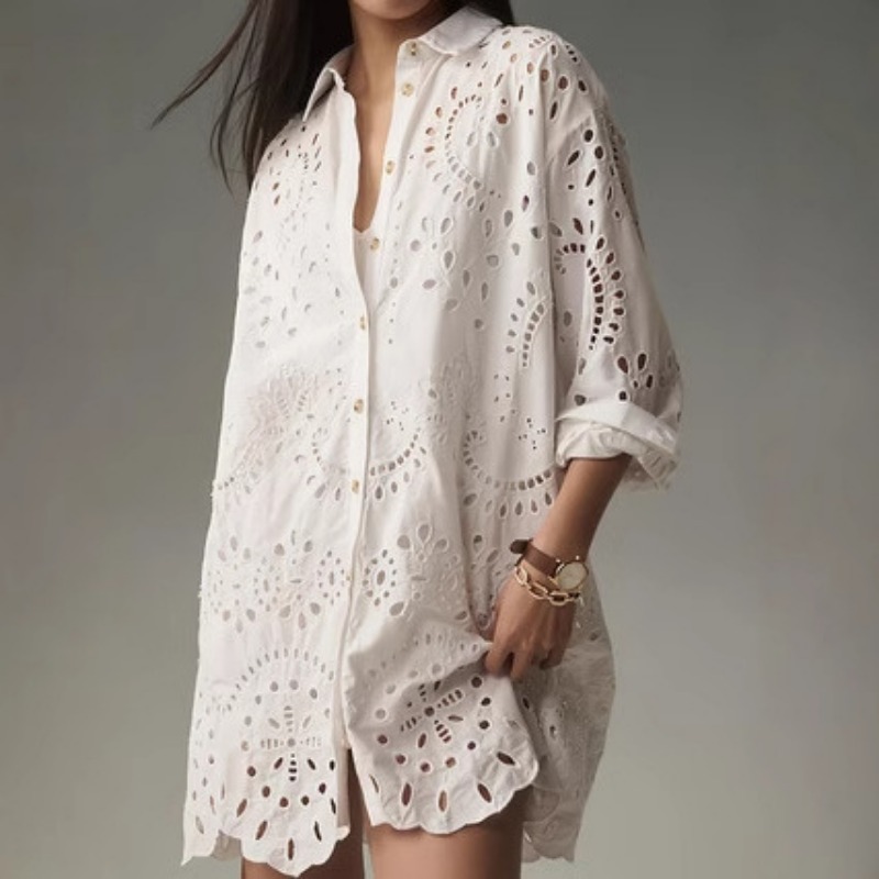 Embroidery Eyelet - Gaun kemeja bordir lubang-lubang wanita, kerah
