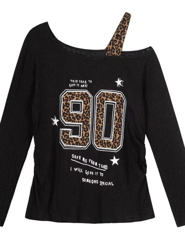 Embroidery Tshirt - Kaos Leopard Print Patchwork Y2K Wanita,