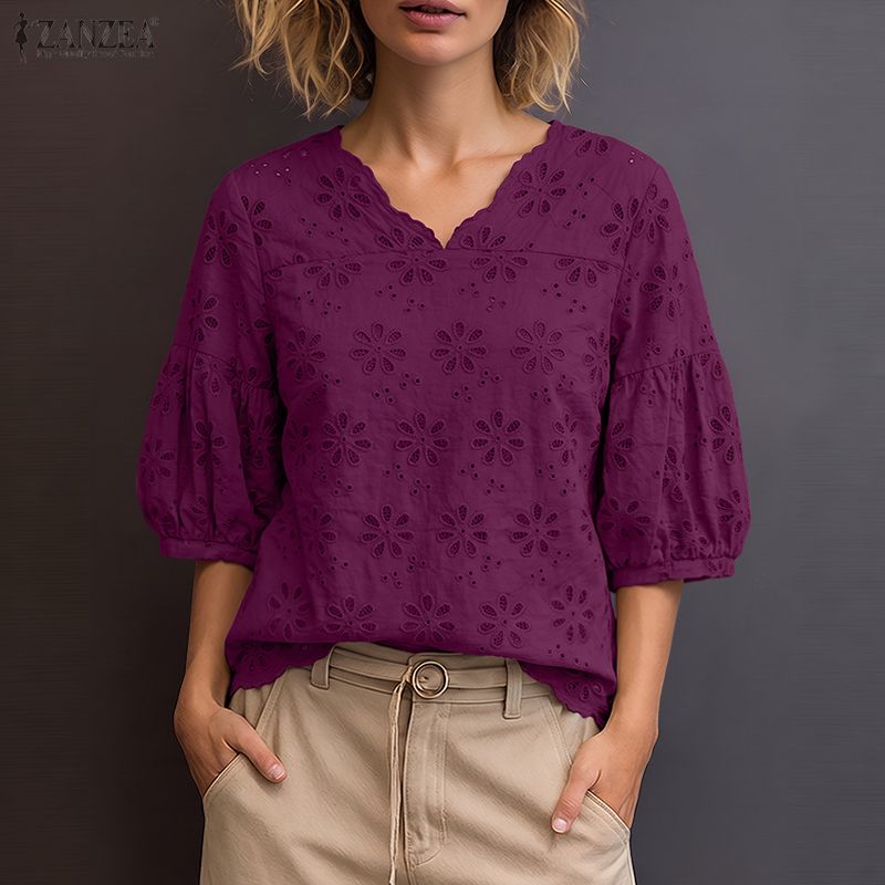 Embroidery Eyelet - ZANZEA 2026 Blus Bordir Lubang-Lubang Wanita
