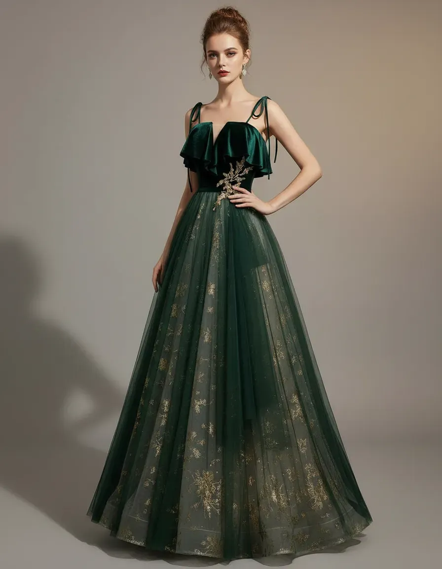 Embroidery Gold - Gaun Malam Beludru Hijau Zamrud dengan
