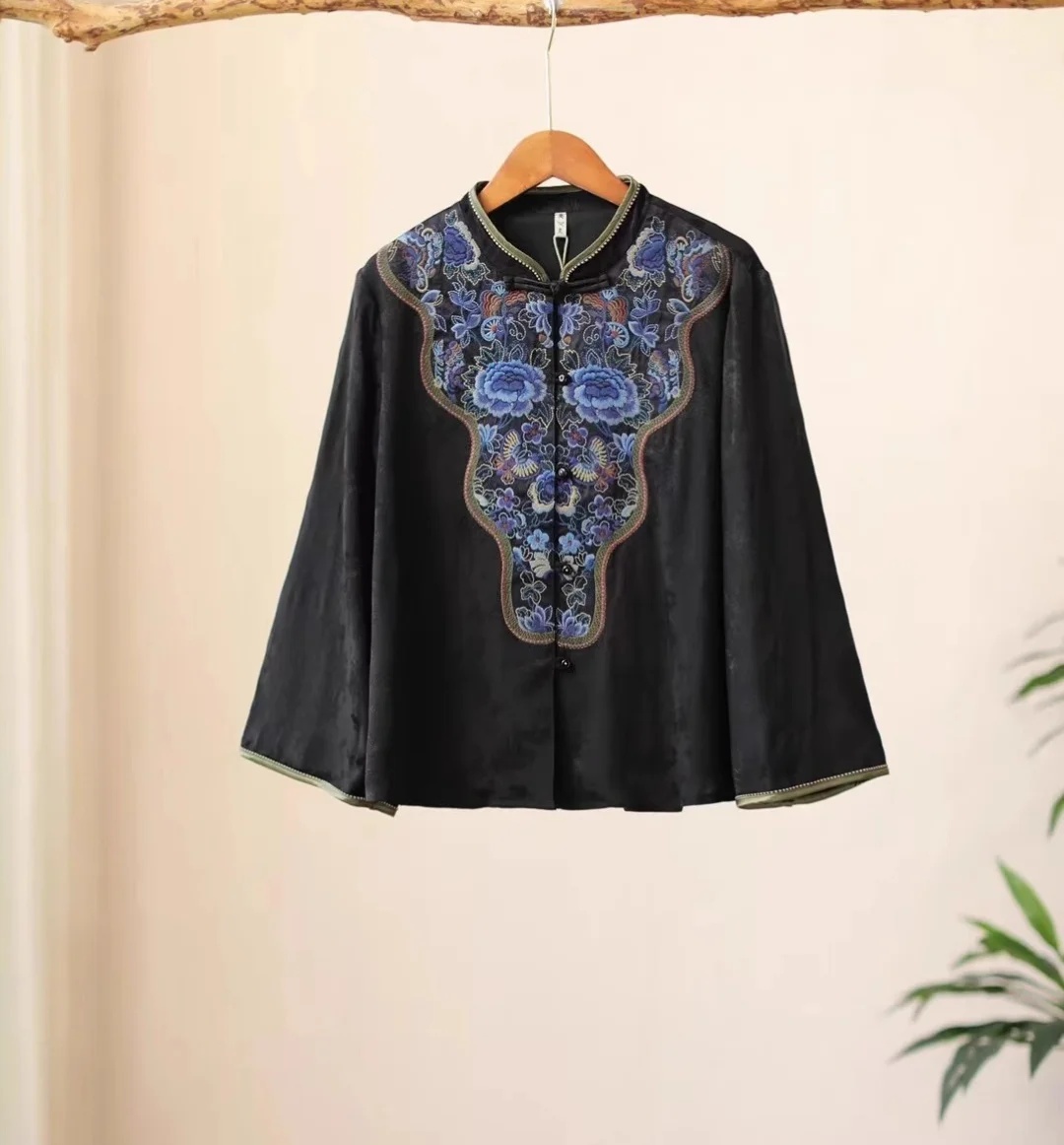 Blus Musim Semi Mewah untuk Wa - Embroidery On Black Shirt ulasan dan harga