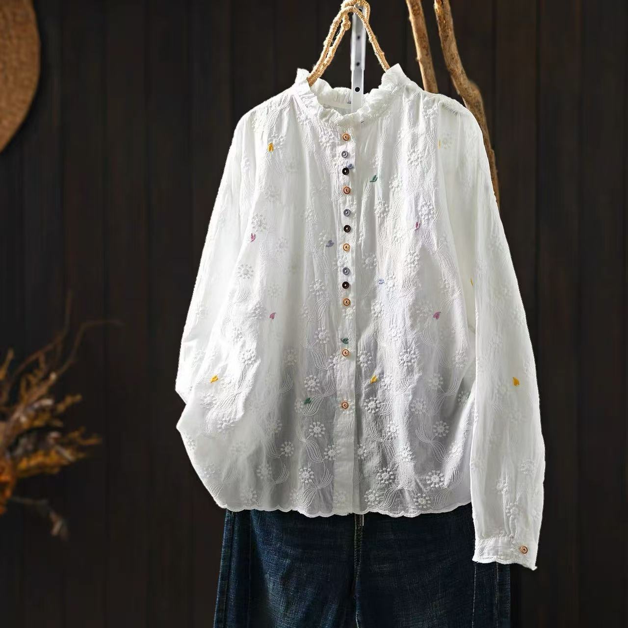 Blus Wanita Kerah Berlipit Bor - Embroidery Eyelet ulasan dan harga