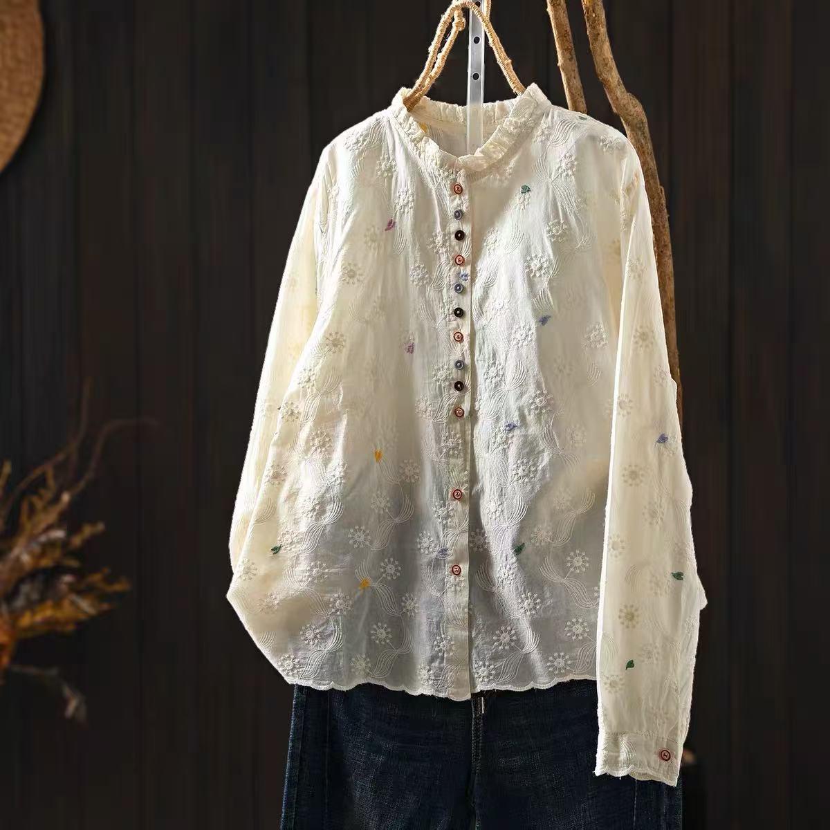 Blus Wanita Kerah Berlipit Bor - Embroidery Eyelet ulasan dan harga