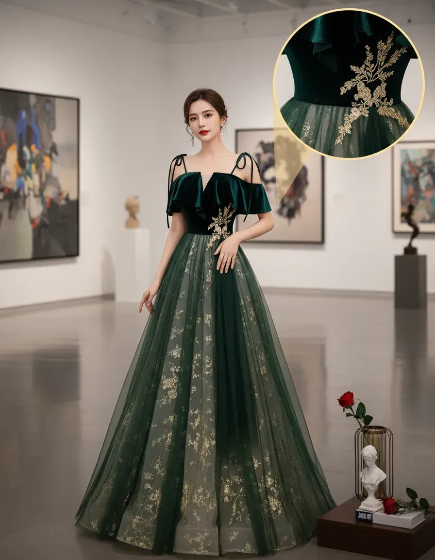 Gaun Malam Beludru Hijau Zamru - Embroidery Gold ulasan dan harga