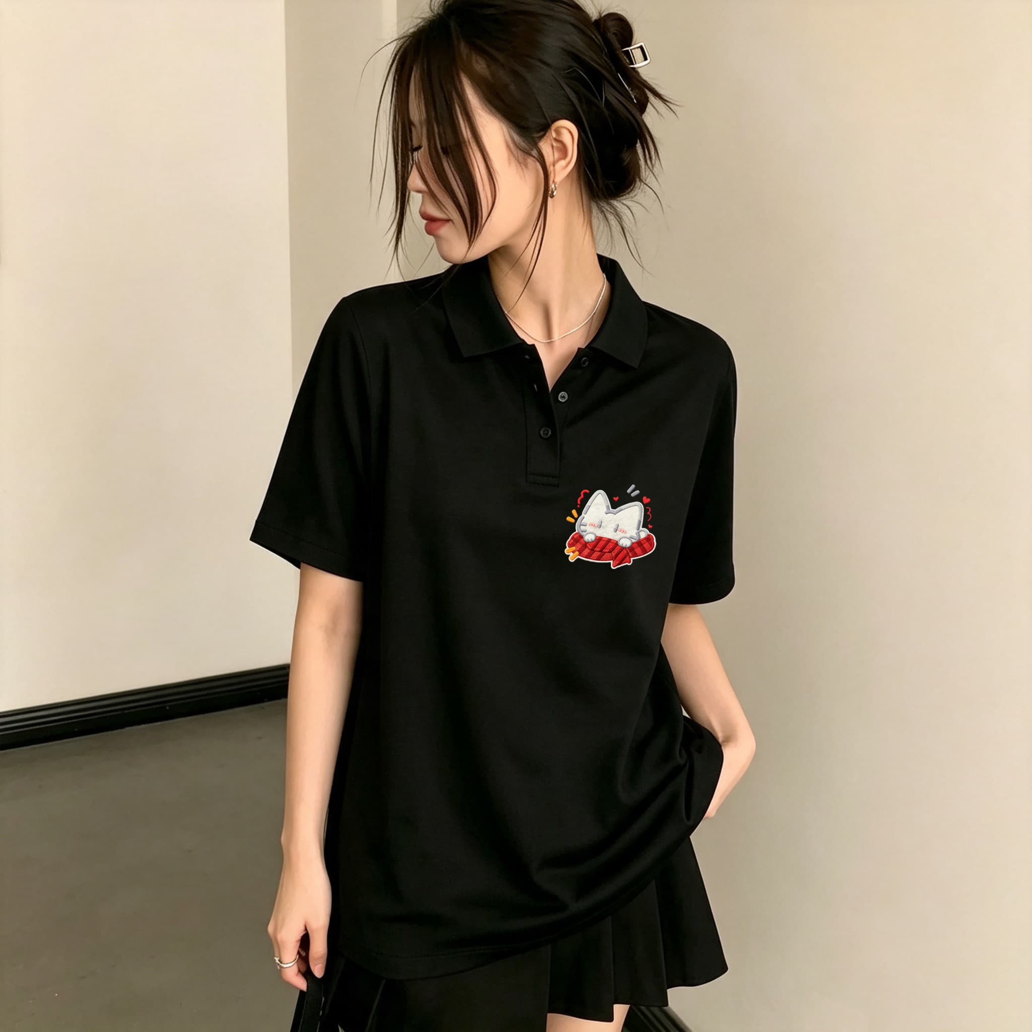 Kemeja Polo Wanita Kerah Lapel - Embroidery On Black Shirt ulasan dan harga