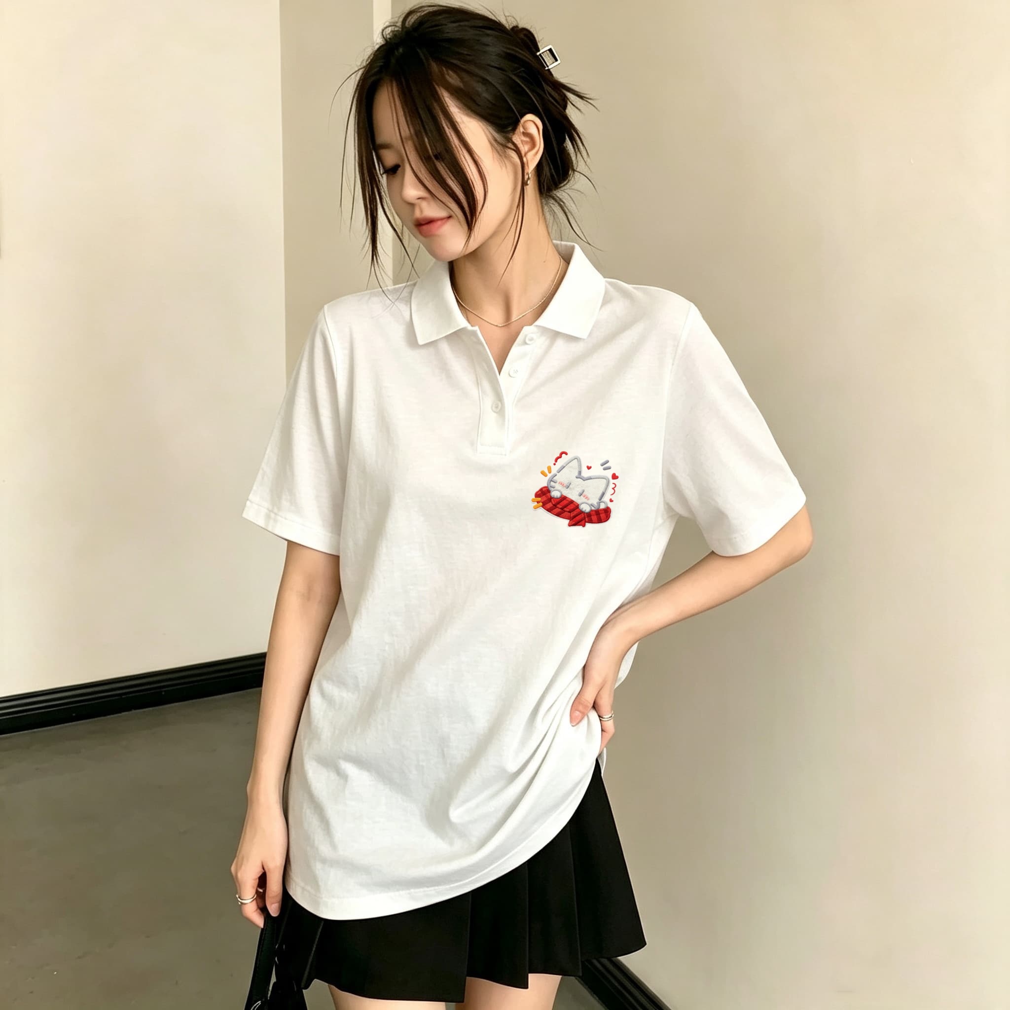 Kemeja Polo Wanita Kerah Lapel - Embroidery On Black Shirt ulasan dan harga